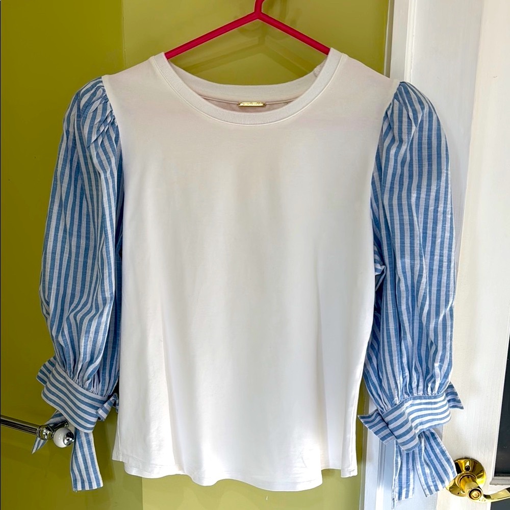 White Top with Blue Striped puff Sleeves with tie bows